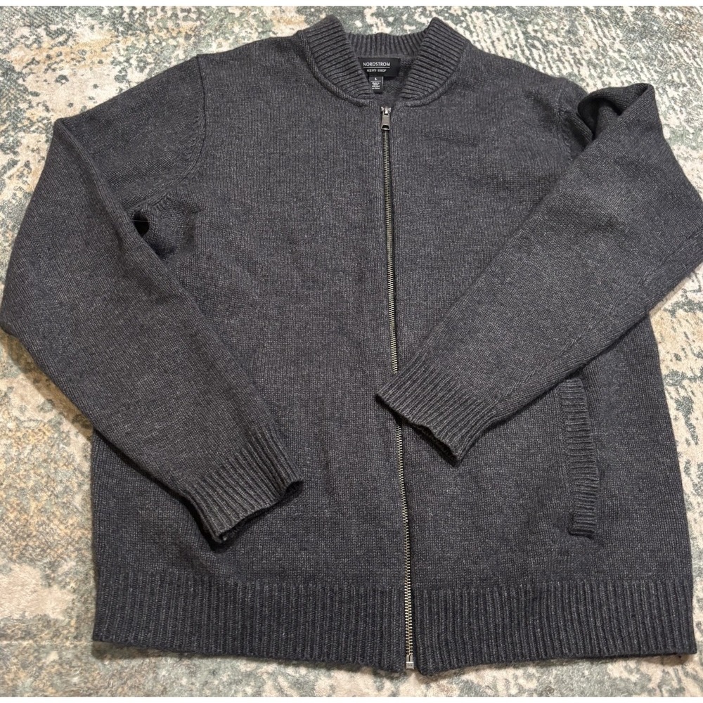 Nordstrom Men's Shop Full-Zip Knit Bomber Sweater Large Wool Charcoal Grey